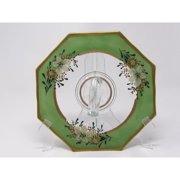 Vintage Glass Tidbit Tray Green and Gold Rimmed with Hand Painted Enamel Flowers - Picture 9 of 10